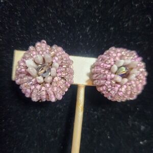 Eugene Vintage Pink Seed Bead Crystal Cluster Clip On Earrings  Mid Century